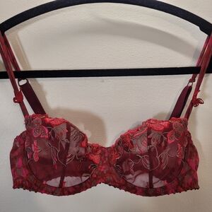 Aubade Paris Red Pink Floral Embroidery Lace Bra - 32D